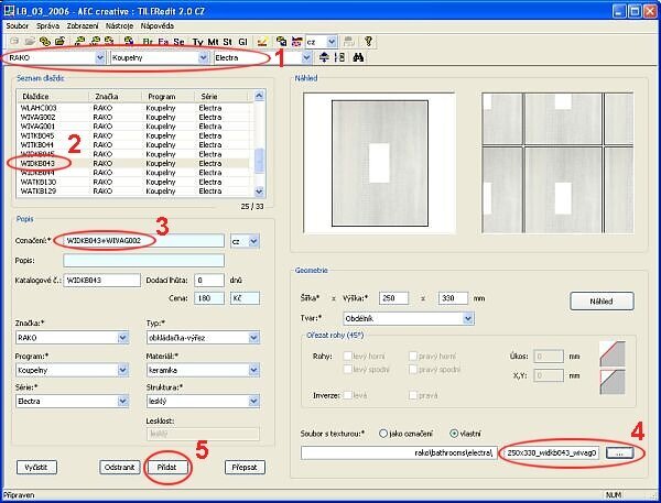TilerEdit – nastavení a přidání dlaždice do databáze