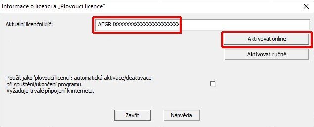 Dialogové okno – Licencování