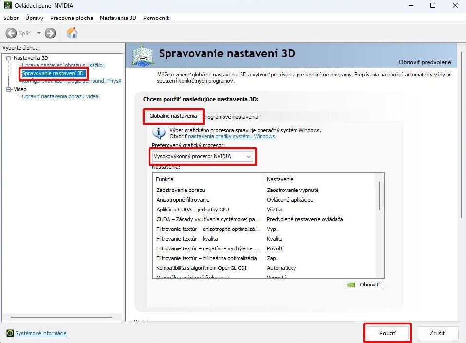 Nastavení grafické karty NVIDIA pro ArCon