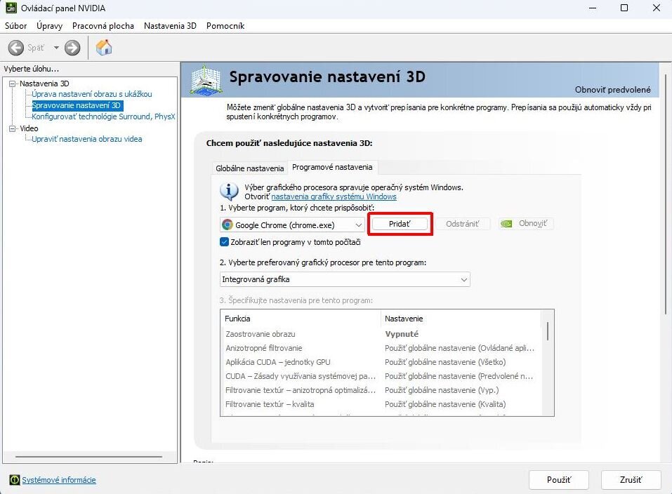 Nastavení grafické karty NVIDIA pro ArCon